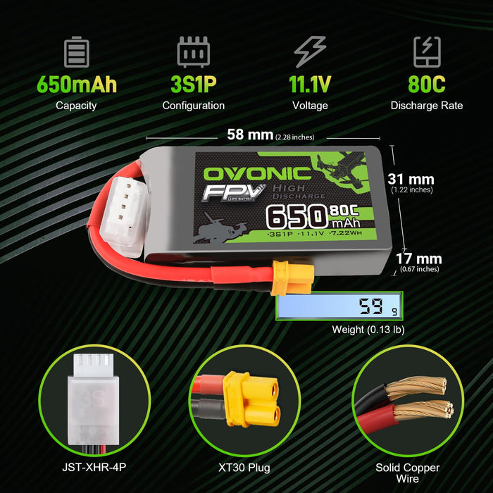 2 Pack Ovonic 650mAh 11.1V 80C 3S LiPo Battery Pack with XT30 Plug for Micro FPV Drones, Toothpick Quads, and Small RC Aircraft