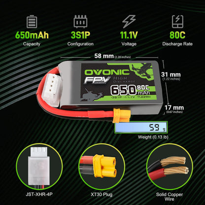 2 Pack Ovonic 650mAh 11.1V 80C 3S LiPo Battery Pack with XT30 Plug for Micro FPV Drones, Toothpick Quads, and Small RC Aircraft