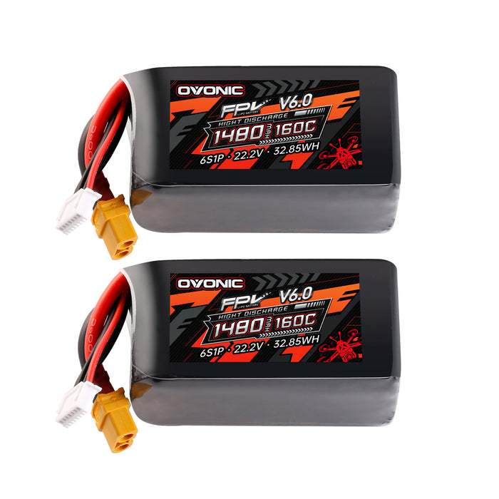 2-Pack Ovonic 6S 1480mAh 160C 22.2V LiPo Battery w/XT60 Plug