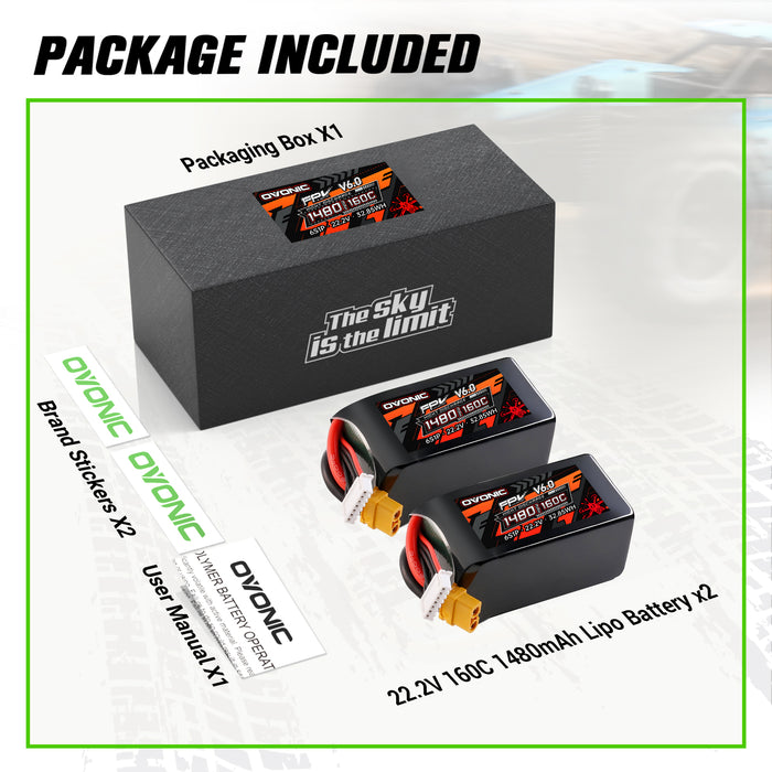 2-Pack Ovonic 6S 1480mAh 160C 22.2V LiPo Battery w/XT60 Plug