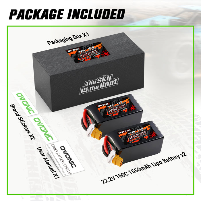 2-Pack Ovonic 6S 1550mAh 160C 22.2V LiPo Battery w/XT60 Plug