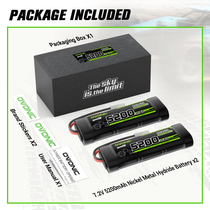 2-Pack OVONIC 7.2V 5200mAh NiMH RC Battery with TMY Connector | High-Capacity 6-Cell Stick Pack for 1/10 Scale RC Cars, Trucks, Buggies & Boats