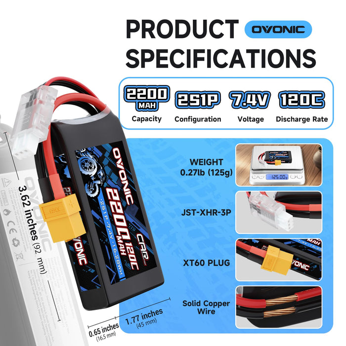 2 Pack Ovonic 7.4V 120C 2S 2200mAh LiPo Battery Pack with XT60-TRA Plug for Traxxas 1/16 Scale Vehicles and Mini RC Models