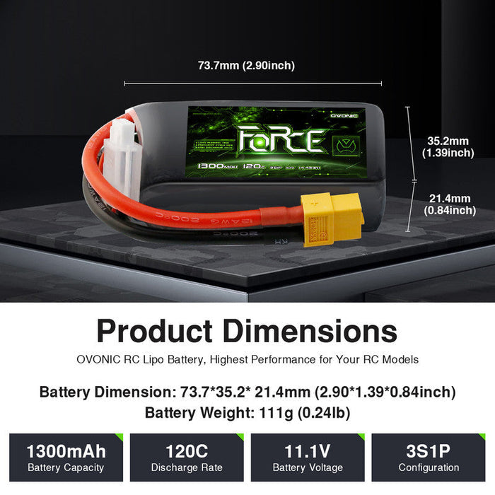 2-Pack Ovonic Force 3S 11.1V 1300mAh 120C LiPo Battery with XT60 Plug for 5" FPV Drone & Glider