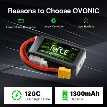 2-Pack Ovonic Force 3S 11.1V 1300mAh 120C LiPo Battery with XT60 Plug for 5" FPV Drone & Glider