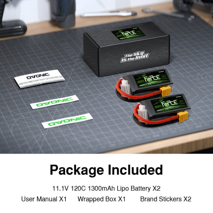 2-Pack Ovonic Force 3S 11.1V 1300mAh 120C LiPo Battery with XT60 Plug for 5" FPV Drone & Glider
