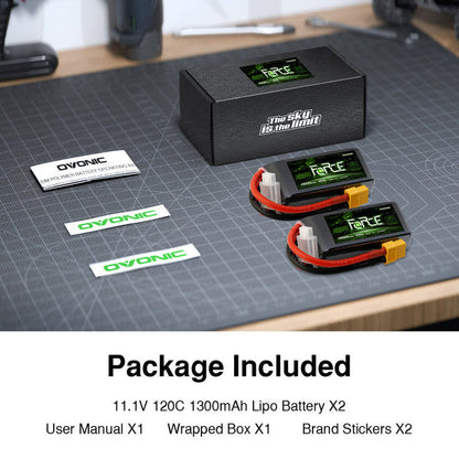 2-Pack Ovonic Force 3S 11.1V 1300mAh 120C LiPo Battery with XT60 Plug for 5" FPV Drone & Glider