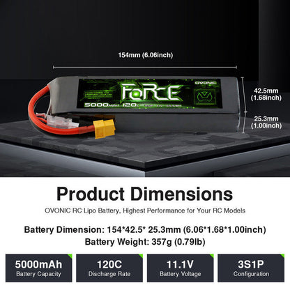 2-Pack Ovonic Force 3S 11.1V 5000mAh 120C LiPo Battery with XT60 to TRA Adapter for 1/10 RC Basher & Heli