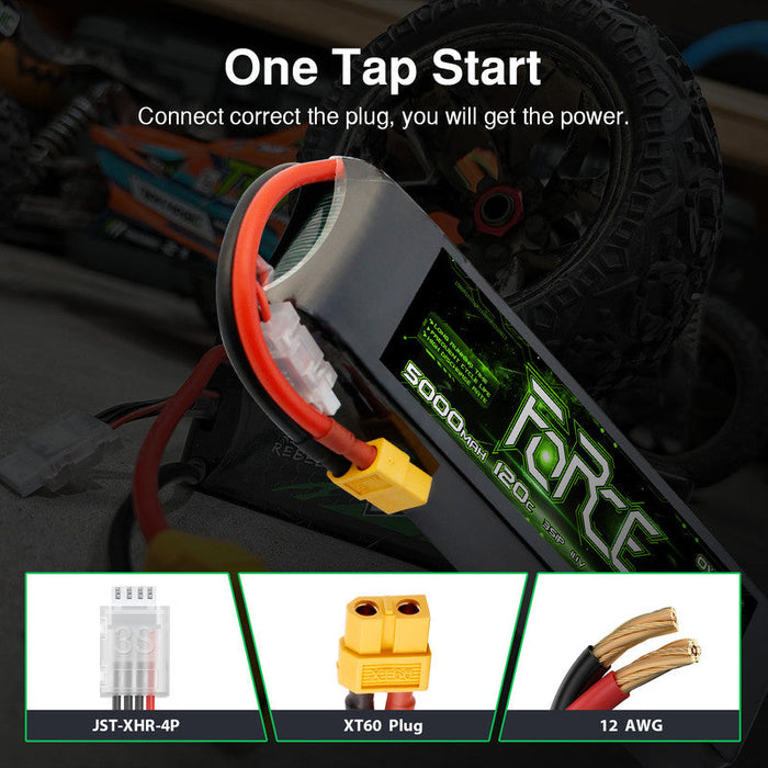 2-Pack Ovonic Force 3S 11.1V 5000mAh 120C LiPo Battery with XT60 to TRA Adapter for 1/10 RC Basher & Heli