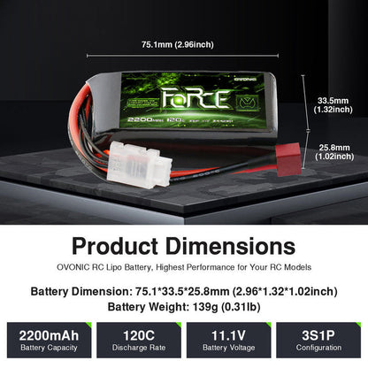 2-Pack Ovonic Force 3S 2200mAh 120C 11.1V Short LiPo Battery w/Deans Plug for 1/10 Race Buggy & On-Road Car (Voltage Checker Included)