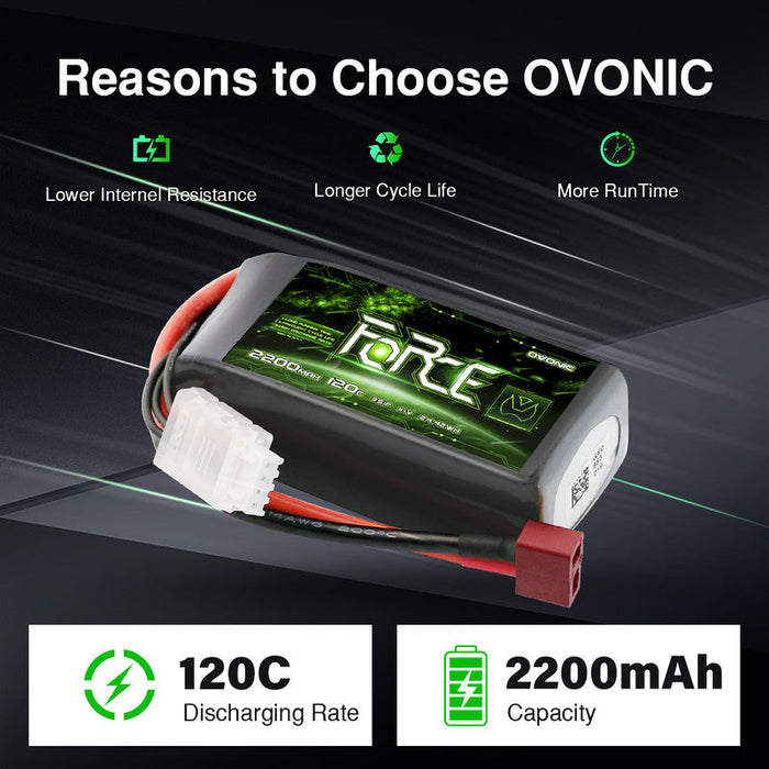 2-Pack Ovonic Force 3S 2200mAh 120C 11.1V Short LiPo Battery w/Deans Plug for 1/10 Race Buggy & On-Road Car (Voltage Checker Included)