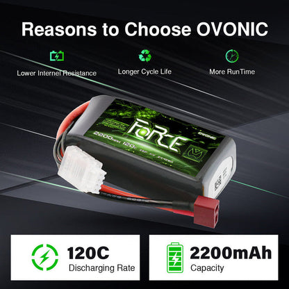 2-Pack Ovonic Force 3S 2200mAh 120C 11.1V Short LiPo Battery w/Deans Plug for 1/10 Race Buggy & On-Road Car (Voltage Checker Included)