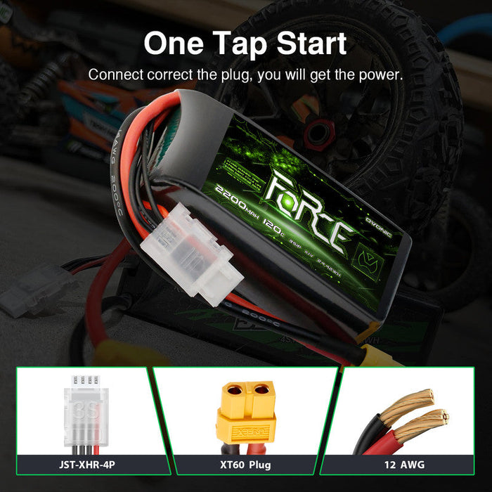 2-Pack Ovonic Force 3S 2200mAh 120C 11.1V Short LiPo Battery w/XT60 Plug for 1/10 Race Buggy & On-Road Car (Voltage Checker Included)