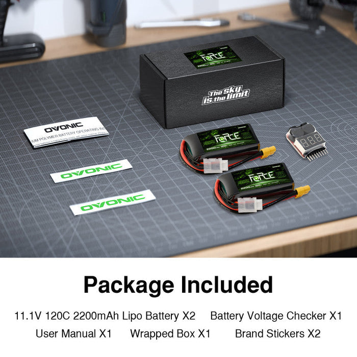 2-Pack Ovonic Force 3S 2200mAh 120C 11.1V Short LiPo Battery w/XT60 Plug for 1/10 Race Buggy & On-Road Car (Voltage Checker Included)
