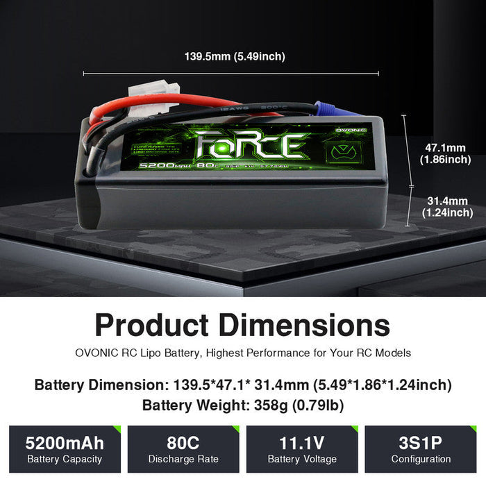 2-Pack Ovonic Force 3S 5200mAh 80C 11.1V Hardcase LiPo Battery w/EC5 Plug for 1/10 RC Car, Buggy & Bashers