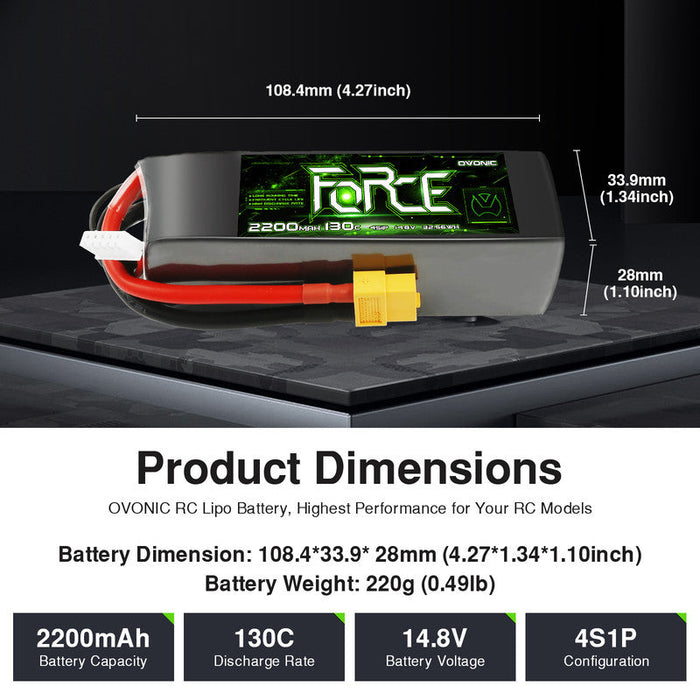 2-Pack Ovonic Force 4S 2200mAh 130C 14.8V LiPo Battery w/XT60 Plug for 1/10 Scale Buggy/Truck & 5-inch FPV Quad