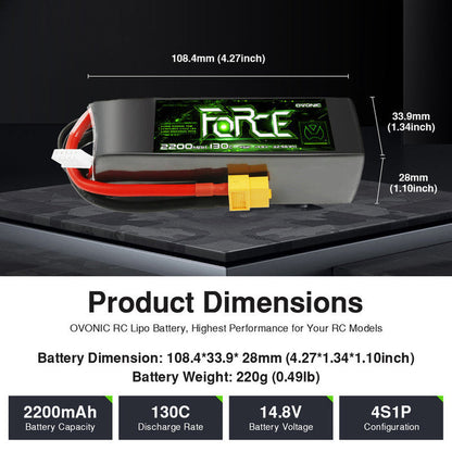 2-Pack Ovonic Force 4S 2200mAh 130C 14.8V LiPo Battery w/XT60 Plug for 1/10 Scale Buggy/Truck & 5-inch FPV Quad