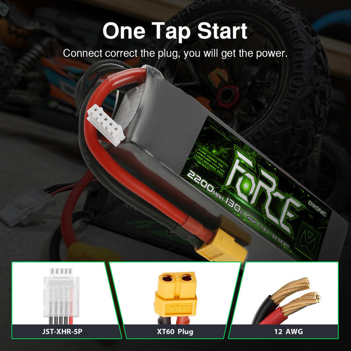 2-Pack Ovonic Force 4S 2200mAh 130C 14.8V LiPo Battery w/XT60 Plug for 1/10 Scale Buggy/Truck & 5-inch FPV Quad