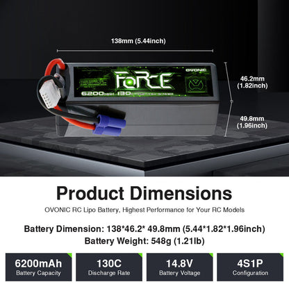 2-Pack Ovonic Force 4S 6200mAh 130C 14.8V Hardcase LiPo Battery w/EC5 Plug for High Discharge 1/8 1/10 RC Car & Truck