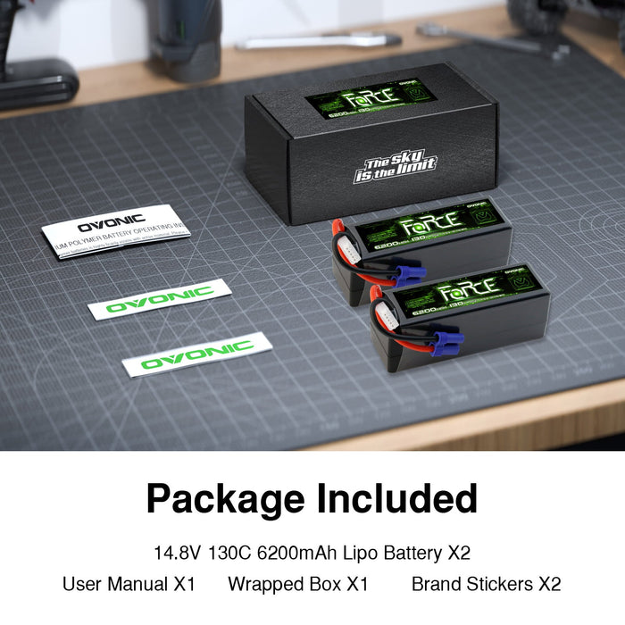 2-Pack Ovonic Force 4S 6200mAh 130C 14.8V Hardcase LiPo Battery w/EC5 Plug for High Discharge 1/8 1/10 RC Car & Truck