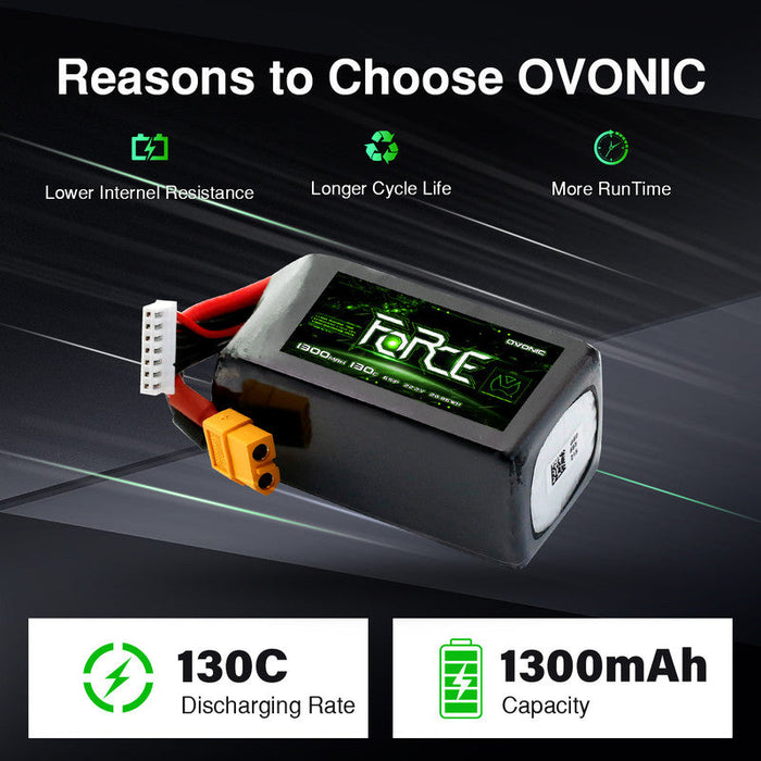 2-Pack Ovonic Force 6S 1300mAh 130C 22.2V LiPo Battery Pack w/XT60 Plug for FPV Racing, High-Speed Drone & EDF Jet