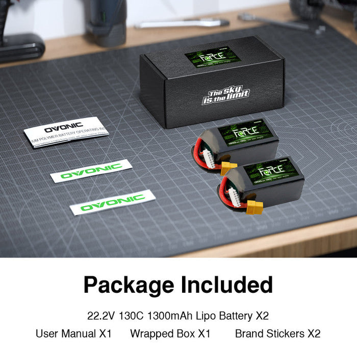 2-Pack Ovonic Force 6S 1300mAh 130C 22.2V LiPo Battery Pack w/XT60 Plug for FPV Racing, High-Speed Drone & EDF Jet