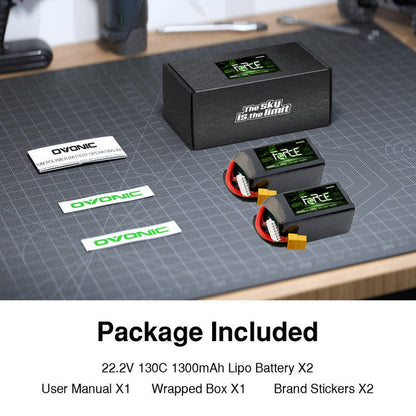 2-Pack Ovonic Force 6S 1300mAh 130C 22.2V LiPo Battery Pack w/XT60 Plug for FPV Racing, High-Speed Drone & EDF Jet