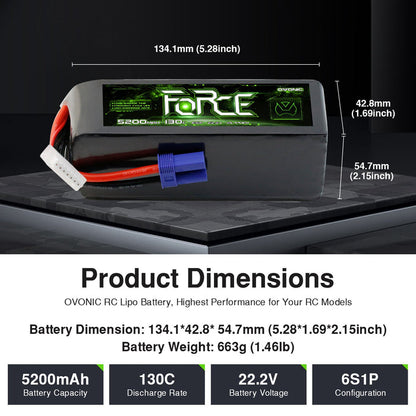 2-Pack Ovonic Force 6S 5200mAh 130C 22.2V LiPo Battery Pack w/ EC5 Plug for 1/8 Monster Truck, 90mm EDF Jet & 600 Class Heli