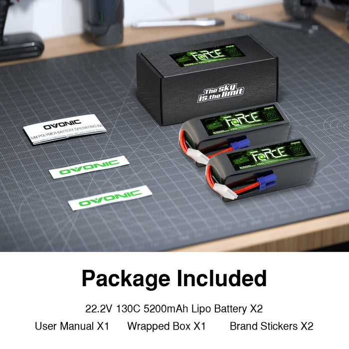2-Pack Ovonic Force 6S 5200mAh 130C 22.2V LiPo Battery Pack w/ EC5 Plug for 1/8 Monster Truck, 90mm EDF Jet & 600 Class Heli