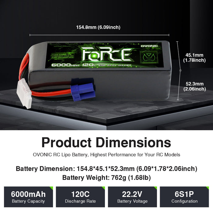 2-Pack Ovonic Force 6S 6000mAh 120C 22.2V LiPo Battery w/ EC5 Plug & Checker for Arrma Outcast, 90mm EDF Jet & Long Flight