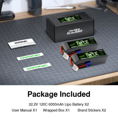 2-Pack Ovonic Force 6S 6000mAh 120C 22.2V LiPo Battery w/ EC5 Plug & Checker for Arrma Outcast, 90mm EDF Jet & Long Flight