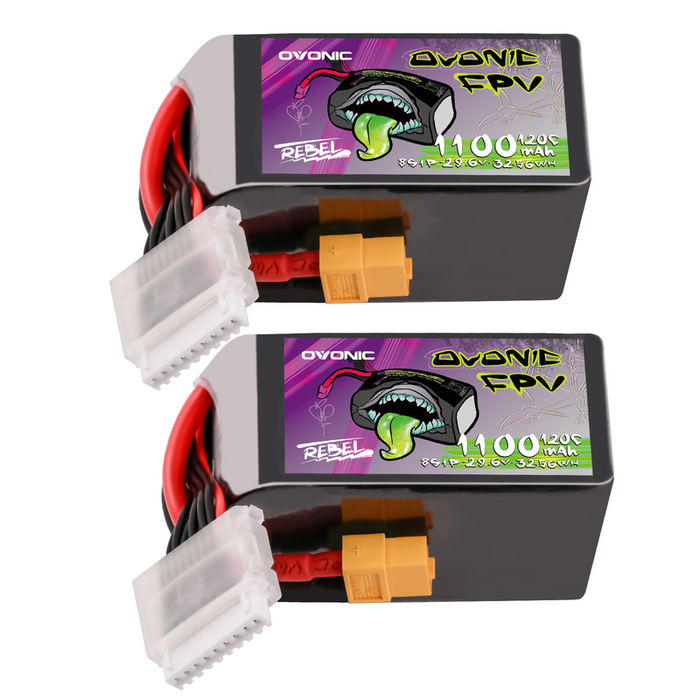 2-Pack Ovonic Rebel 2.0 8S 29.6V 1100mAh 120C LiPo Battery with XT60 Plug for 5-6 inch FPV Drone