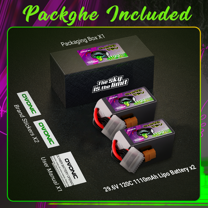 2-Pack Ovonic Rebel 2.0 8S 29.6V 1100mAh 120C LiPo Battery with XT60 Plug for 5-6 inch FPV Drone