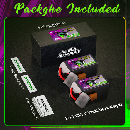 2-Pack Ovonic Rebel 2.0 8S 29.6V 1100mAh 120C LiPo Battery with XT60 Plug for 5-6 inch FPV Drone