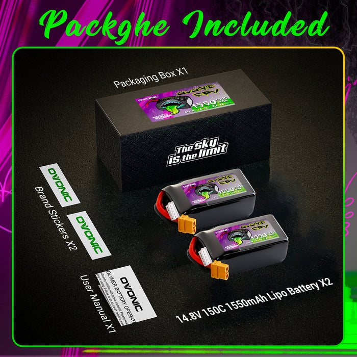 2-Pack Ovonic Rebel 4S 1550mAh 150C 14.8V LiPo Battery w/XT60 Plug