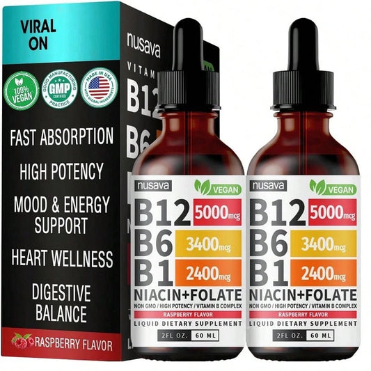 (2 Pack) Vitamin B12 And B6 Liquid Drops, B12 Sublingual Vitamin B Complex- B 12 Vitamin 5000mcg- B12 Methylcobalamin For Energy, Brain, And Heart Support With 27,200 Mcg, Raspberry, 80 Servings Vit