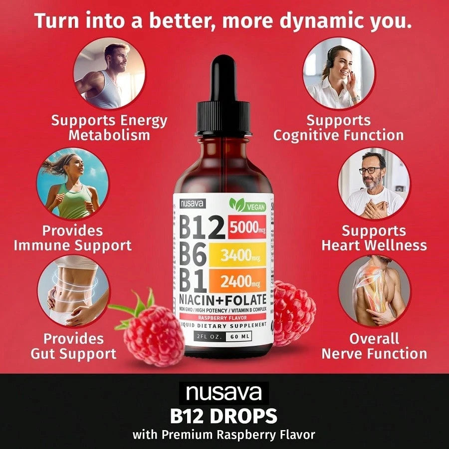 (2 Pack) Vitamin B12 And B6 Liquid Drops, B12 Sublingual Vitamin B Complex- B 12 Vitamin 5000mcg- B12 Methylcobalamin For Energy, Brain, And Heart Support With 27,200 Mcg, Raspberry, 80 Servings Vit