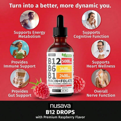 (2 Pack) Vitamin B12 And B6 Liquid Drops, B12 Sublingual Vitamin B Complex- B 12 Vitamin 5000mcg- B12 Methylcobalamin For Energy, Brain, And Heart Support With 27,200 Mcg, Raspberry, 80 Servings Vit