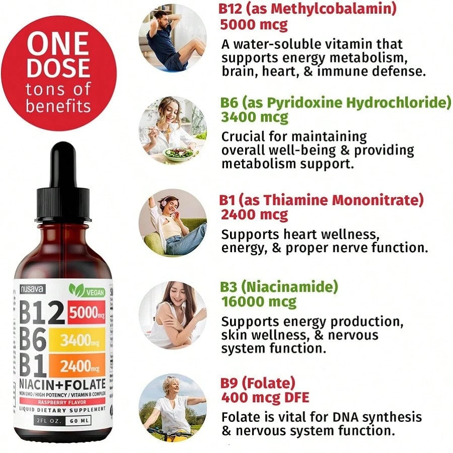 (2 Pack) Vitamin B12 And B6 Liquid Drops, B12 Sublingual Vitamin B Complex- B 12 Vitamin 5000mcg- B12 Methylcobalamin For Energy, Brain, And Heart Support With 27,200 Mcg, Raspberry, 80 Servings Vit