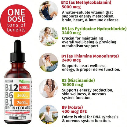 (2 Pack) Vitamin B12 And B6 Liquid Drops, B12 Sublingual Vitamin B Complex- B 12 Vitamin 5000mcg- B12 Methylcobalamin For Energy, Brain, And Heart Support With 27,200 Mcg, Raspberry, 80 Servings Vit