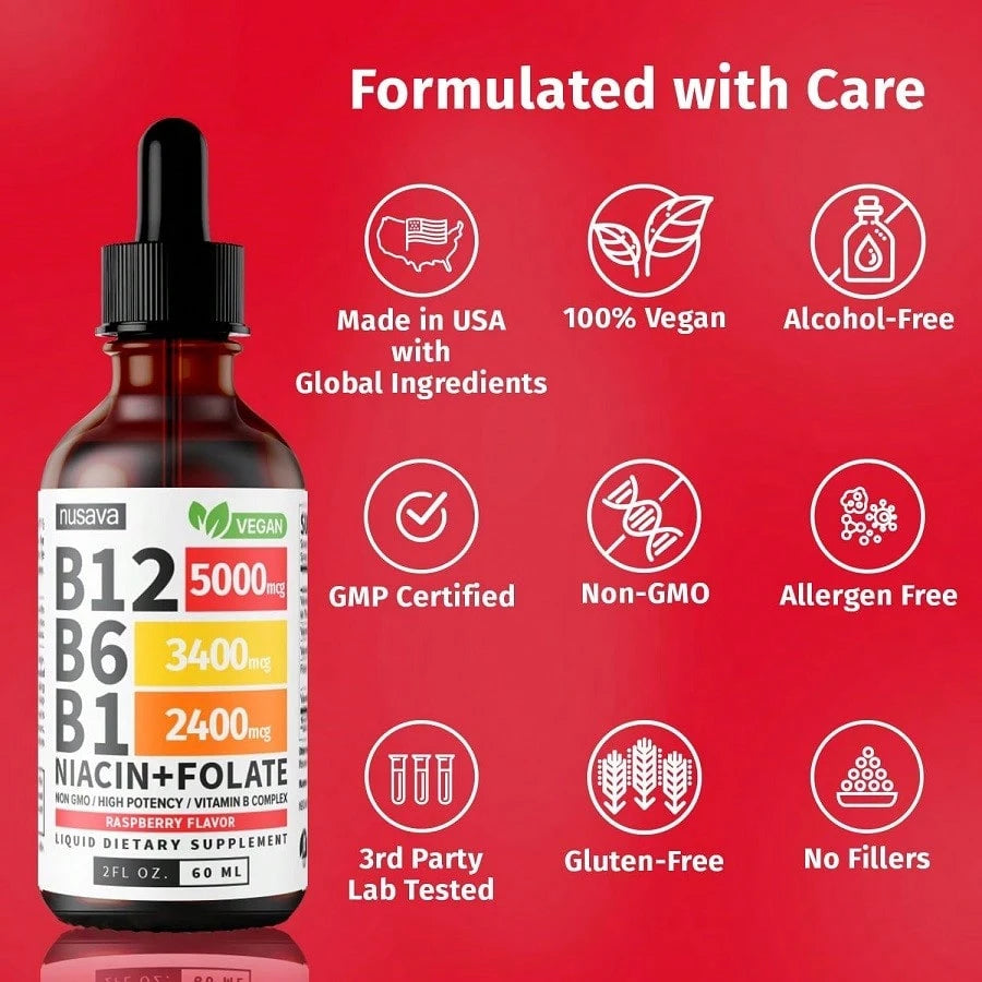 (2 Pack) Vitamin B12 And B6 Liquid Drops, B12 Sublingual Vitamin B Complex- B 12 Vitamin 5000mcg- B12 Methylcobalamin For Energy, Brain, And Heart Support With 27,200 Mcg, Raspberry, 80 Servings Vit