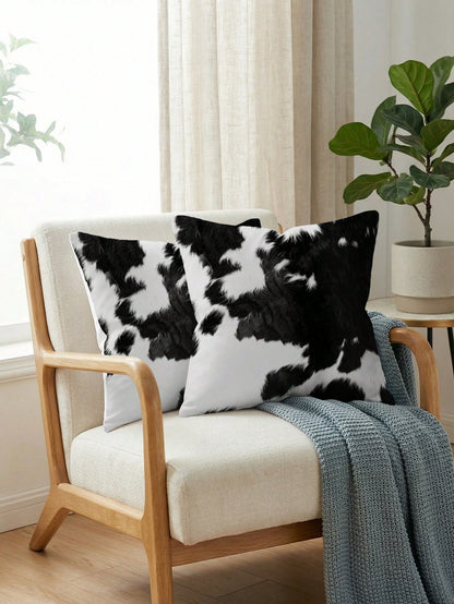 2 Pcs Cow Print Throw Pillow Covers Black And White Faux Fur Style Super Soft Pillowcases Farmhouse Pillow Covers Daily Decoration Home Square Sofa Living Room Bedroom Bed Couch Chair Cushion Covers I