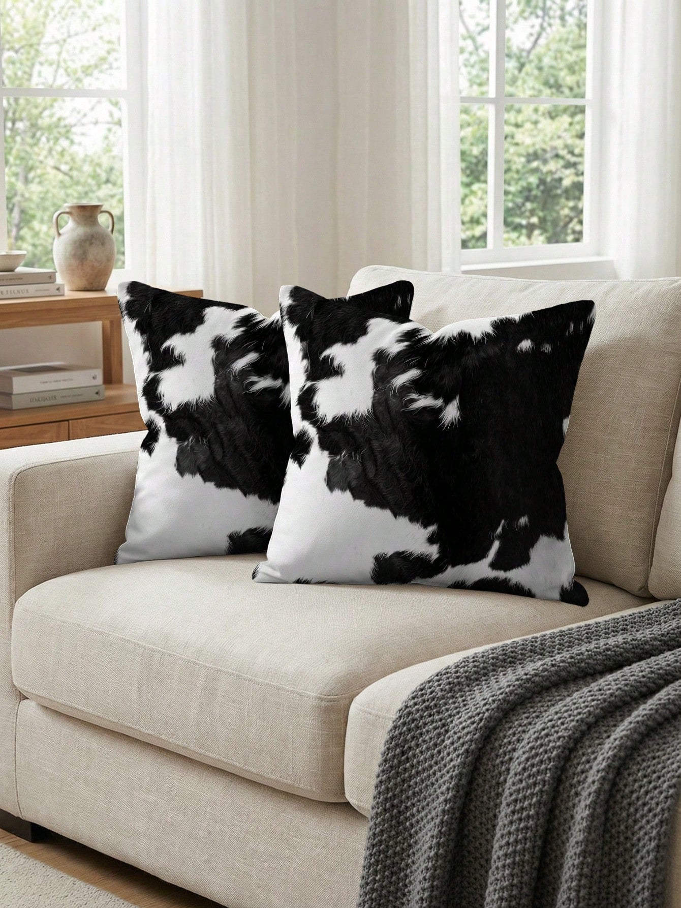 2 Pcs Cow Print Throw Pillow Covers Black And White Faux Fur Style Super Soft Pillowcases Farmhouse Pillow Covers Daily Decoration Home Square Sofa Living Room Bedroom Bed Couch Chair Cushion Covers I