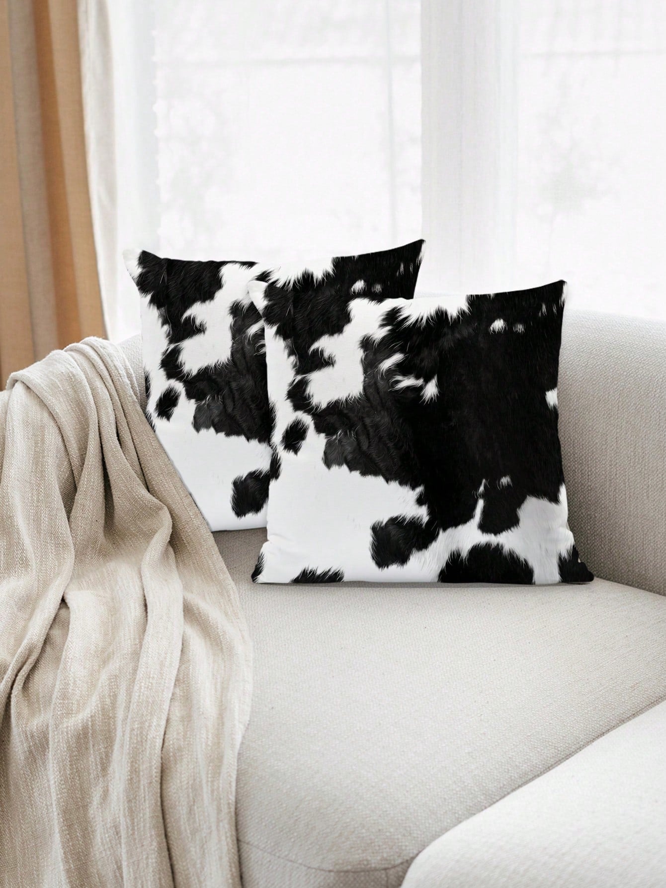 2 Pcs Cow Print Throw Pillow Covers Black And White Faux Fur Style Super Soft Pillowcases Farmhouse Pillow Covers Daily Decoration Home Square Sofa Living Room Bedroom Bed Couch Chair Cushion Covers I