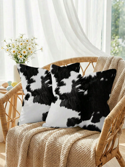 2 Pcs Cow Print Throw Pillow Covers Black And White Faux Fur Style Super Soft Pillowcases Farmhouse Pillow Covers Daily Decoration Home Square Sofa Living Room Bedroom Bed Couch Chair Cushion Covers I