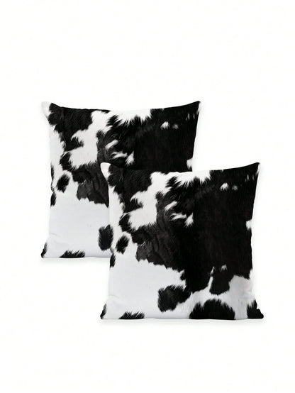 2 Pcs Cow Print Throw Pillow Covers Black And White Faux Fur Style Super Soft Pillowcases Farmhouse Pillow Covers Daily Decoration Home Square Sofa Living Room Bedroom Bed Couch Chair Cushion Covers I