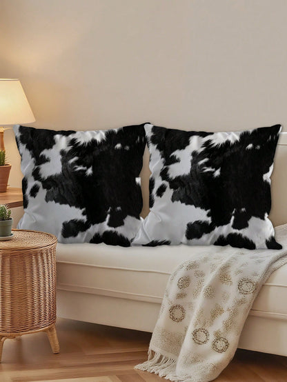 2 Pcs Cow Print Throw Pillow Covers Black And White Faux Fur Style Super Soft Pillowcases Farmhouse Pillow Covers Daily Decoration Home Square Sofa Living Room Bedroom Bed Couch Chair Cushion Covers I