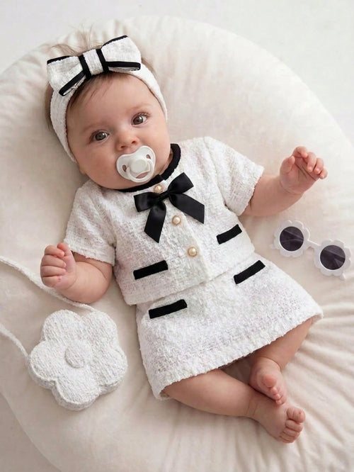 2-Piece Baby Girl Woven Tweed Top & Skirt Set,Black And White,Summer,Formal,Party Cruise Cute Newborn Knitted Outfits With Faux Pearl Button & Bow