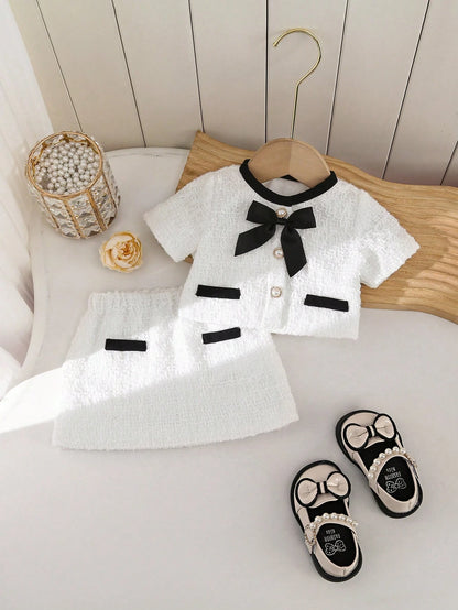 2-Piece Baby Girl Woven Tweed Top & Skirt Set,Black And White,Summer,Formal,Party Cruise Cute Newborn Knitted Outfits With Faux Pearl Button & Bow