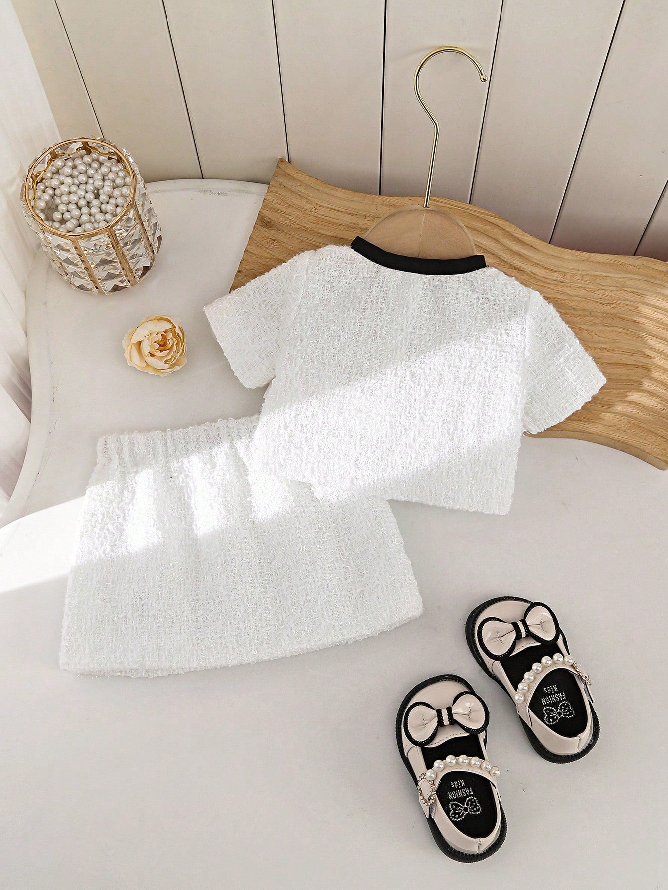 2-Piece Baby Girl Woven Tweed Top & Skirt Set,Black And White,Summer,Formal,Party Cruise Cute Newborn Knitted Outfits With Faux Pearl Button & Bow
